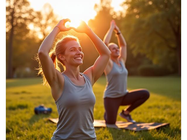 Aktives, lächelndes älteres Ehepaar macht Yoga im Freien