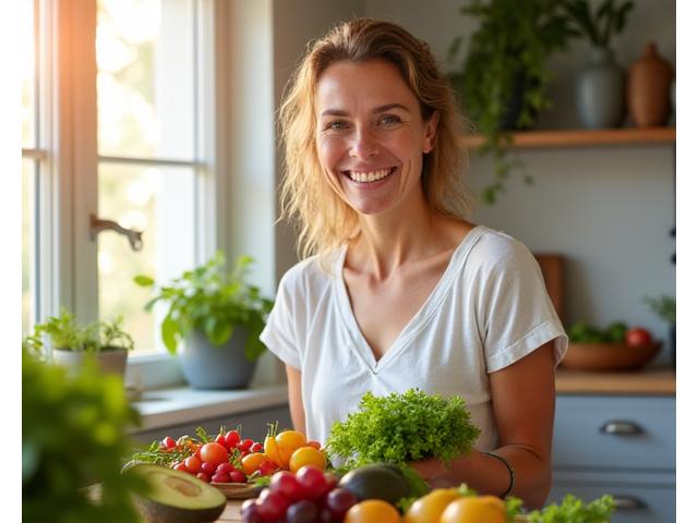 Frau bereitet frische, gesunde Mahlzeit zu, lachend und energiegeladen