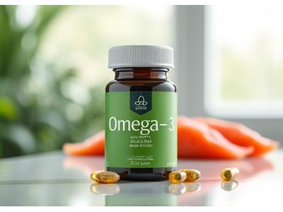 Kapseln des Omega-3-Komplex mit Flasche und Lachs im Hintergrund